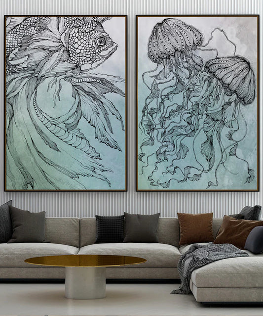 Blue Fish & Jelly In Line, Set of 2